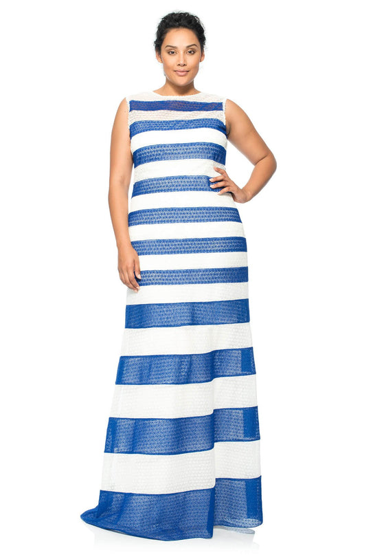 Tadashi Shoji - Long Daisy Motif Stripe Trumpet Dress In Blue and White