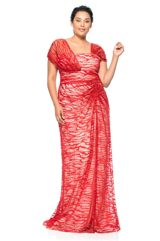 Tadashi Shoji - Asymmetrically Drape Patterned Tulle Dress In Red and White