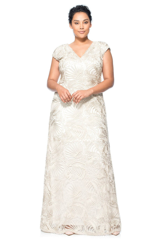 Tadashi Shoji - Cap Sleeve Passementerie-Ornate Long Gown In Neutral and White