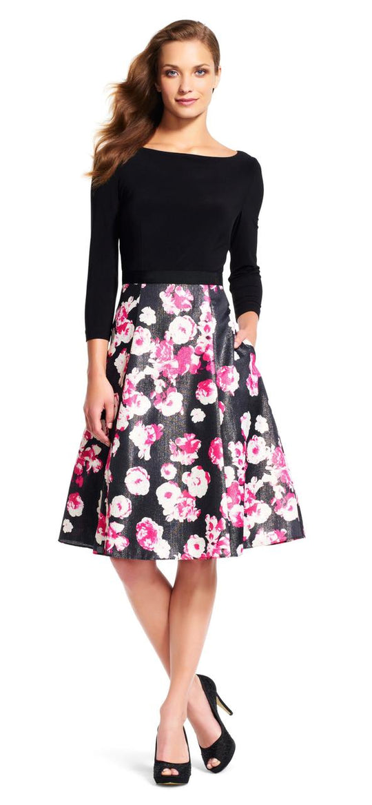 Adrianna Papell - Floral Print Quarter Length Short Dress AP1E200106 in Black and Multi-Color