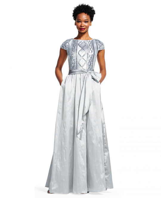 Adrianna Papell - Bateau Neckline Pleated Long Dress AP1E200130 in Silver