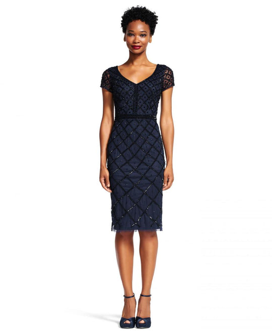 Adrianna Papell - Beaded V Neck Cocktail Dress AP1E200151 in Blue