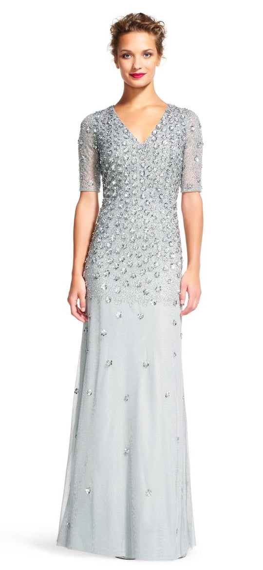 Adrianna Papell - V Neck Long Dress AP1E200158 in Gray