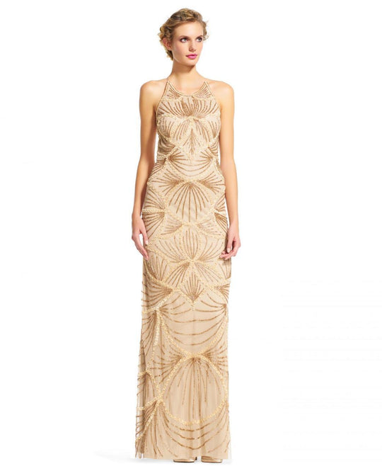 Adrianna Papell - AP1E200177 Halter Embellished Long Dress   I Gold