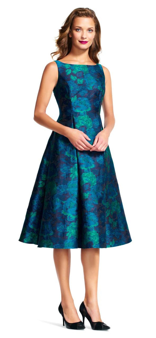 Adrianna Papell - Bateau Neck Floral Print Short Dress AP1E200381 in Blue and Multi-Color