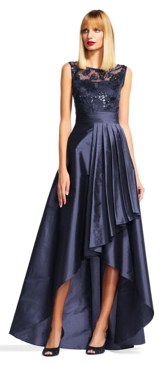 Adrianna Papell - AP1E200402 Lace Illusion Pleated High Low Dress in Blue