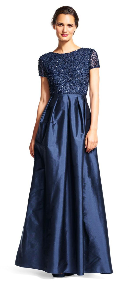 Adrianna Papell - Sequined Pleated Long Dress AP1E200445 in Blue