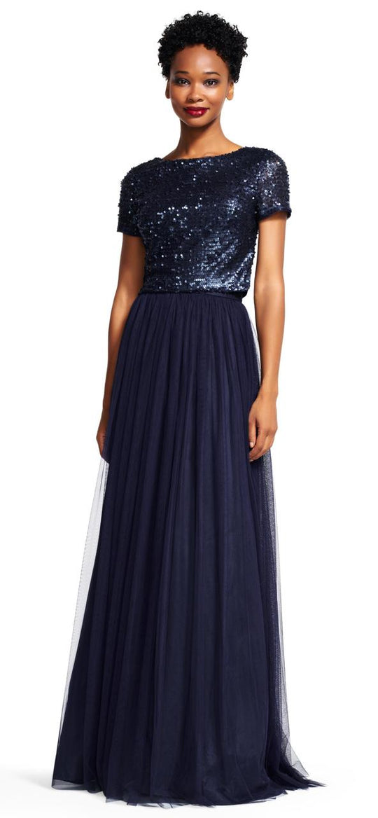 Adrianna Papell - Sequined Long Dress AP1E200722 in Blue