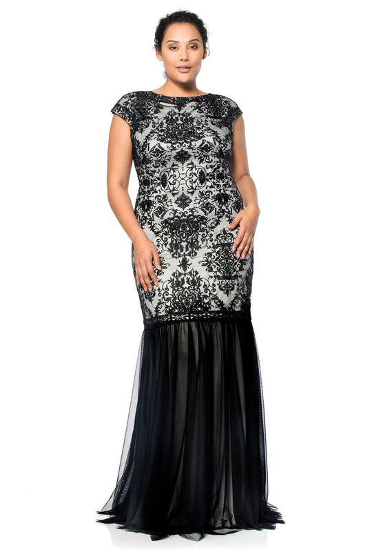 Tadashi Shoji - Cap Sleeve Intricate Motif Convertible Dress In Black and White