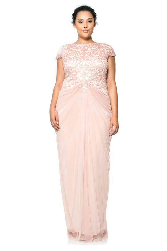 Tadashi Shoji - Laser-Cut Appliqued Long Draped Gown In Pink