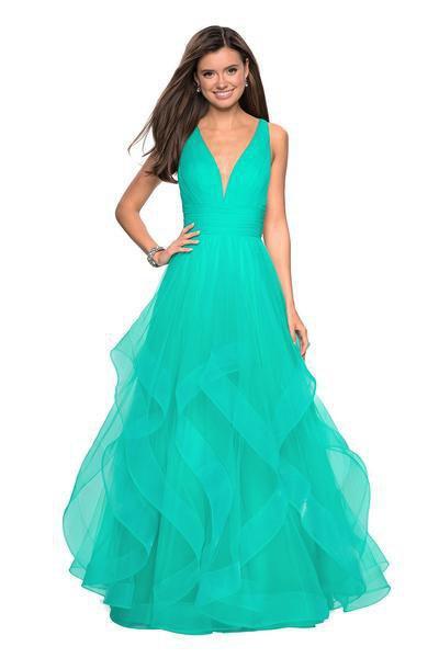 La Femme - 27628 Plunging Long Cascading Tulle Gown In Green