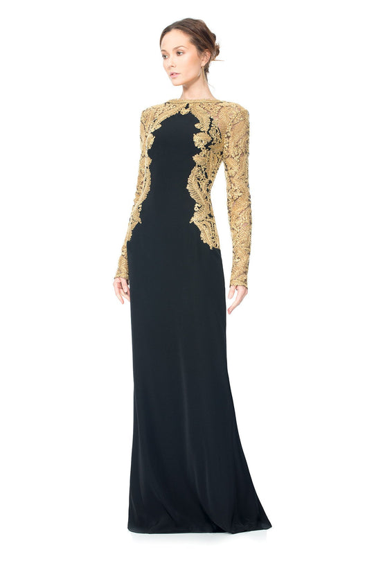 Tadashi Shoji - Gold Embroidered Illusion Sleeve Long Gown In Gold and Black