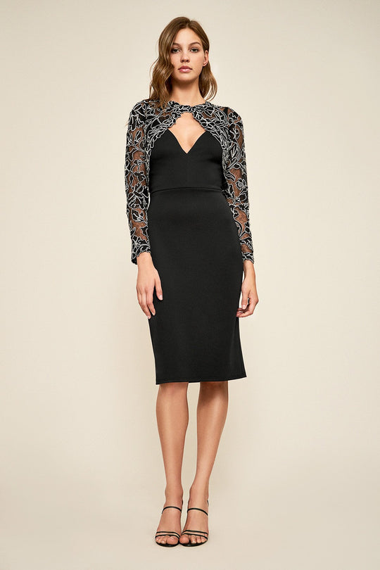 Tadashi Shoji - Long Sleeve Embroidered Tulle Knee Length Dress In Black and White