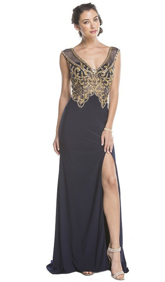 Gold Embellished Evening Dress with Slit
