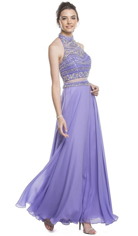 Beaded High Halter A-Line Evening Dress