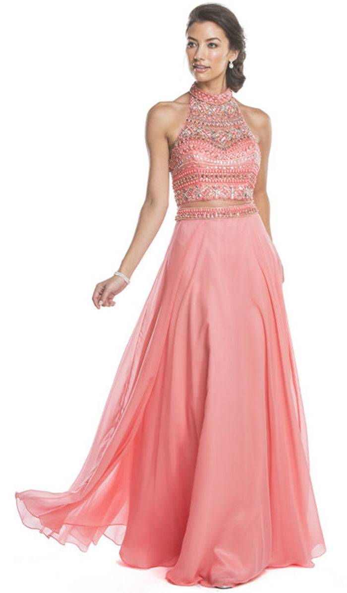 Beaded High Halter A-Line Evening Dress