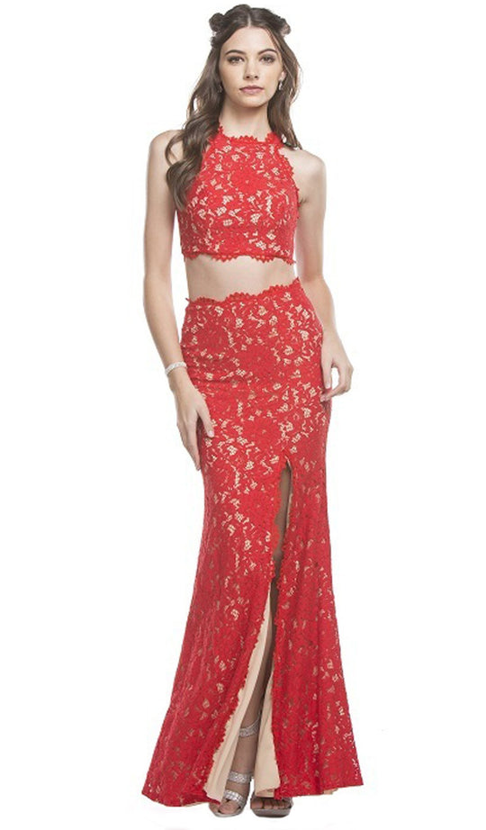 Two Piece Lace Evening Dress with Slit