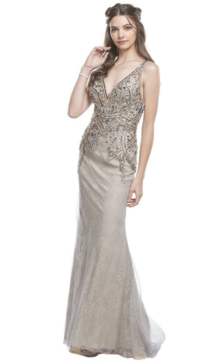 Sequined Plunging Neckline Evening Gown