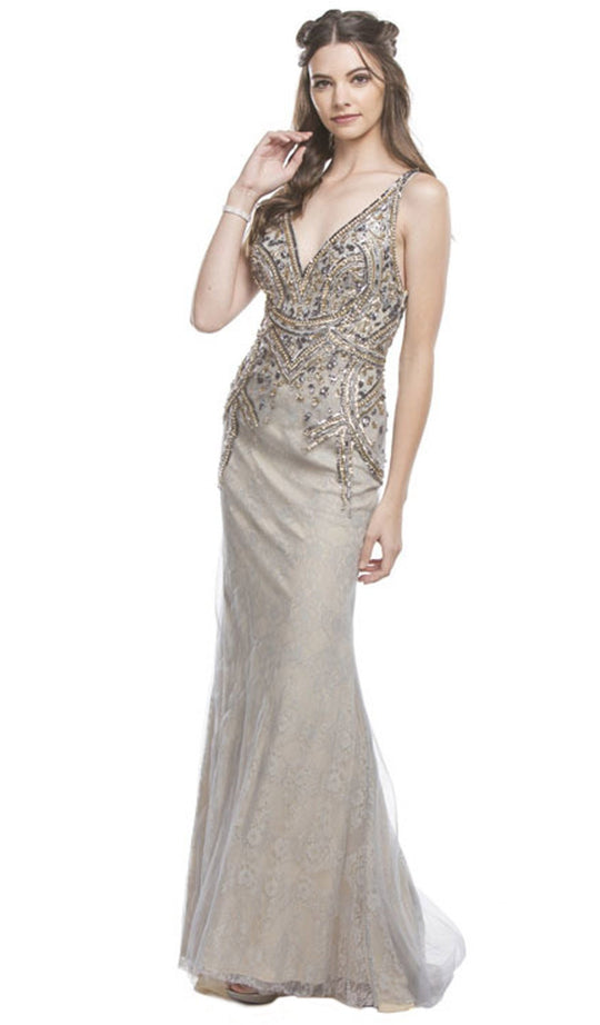 Sequined Plunging Neckline Evening Gown