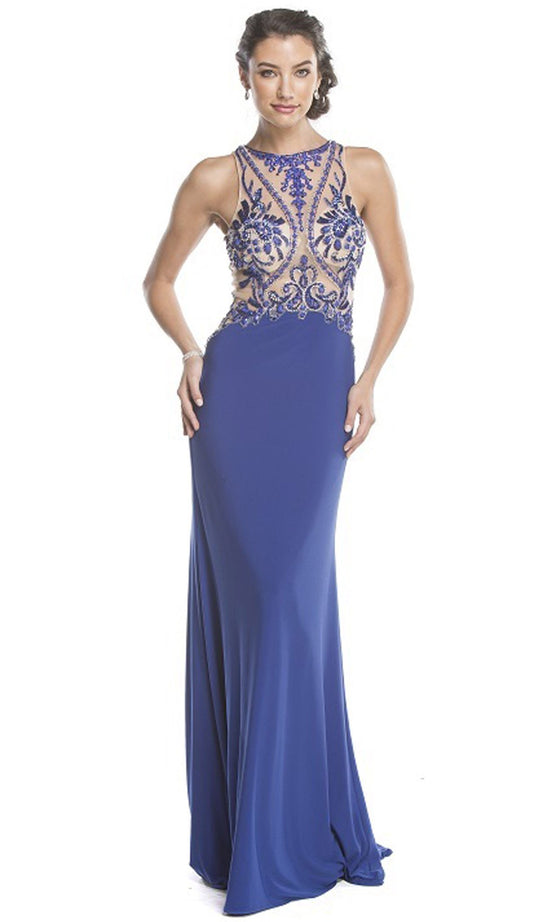 Sheer Embellished Fitted Evening Dress