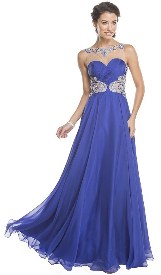 Sheer Embellished Ruched Evening Gown