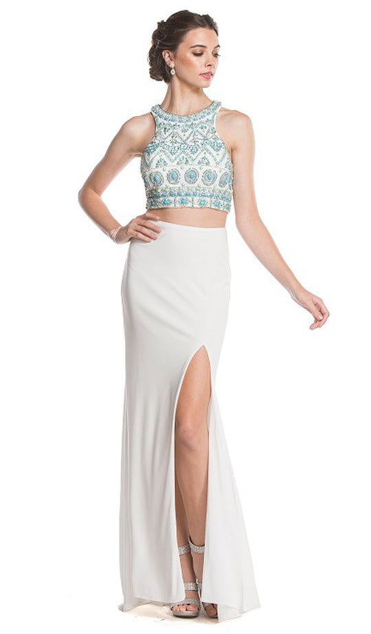 Beaded Sheath Evening Dress with Slit