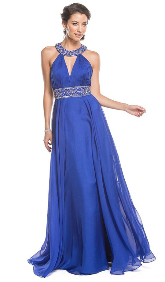Embellished Halter Ruched A-Line Evening Dress