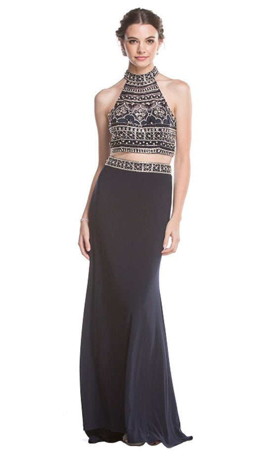 Two Piece Beaded High Halter Evening Gown