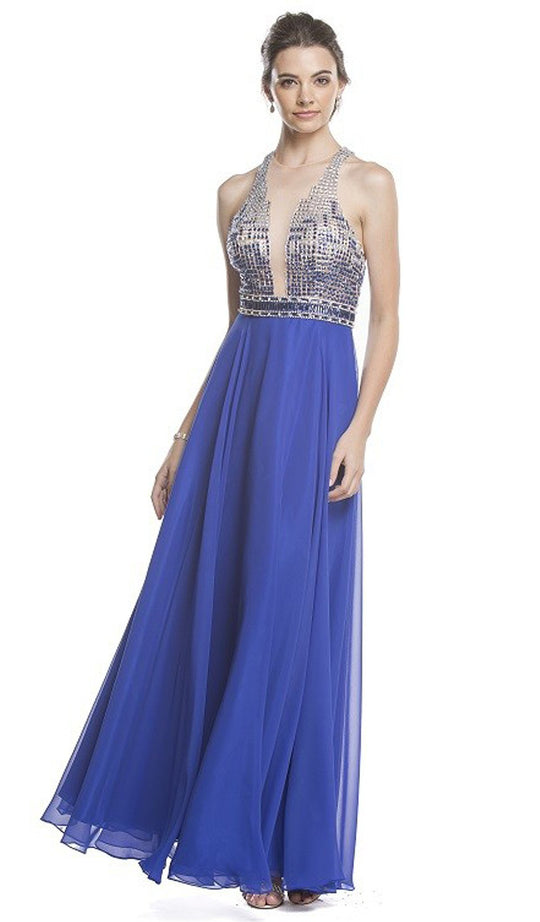 Beaded Illusion Halter A-Line Evening Dress
