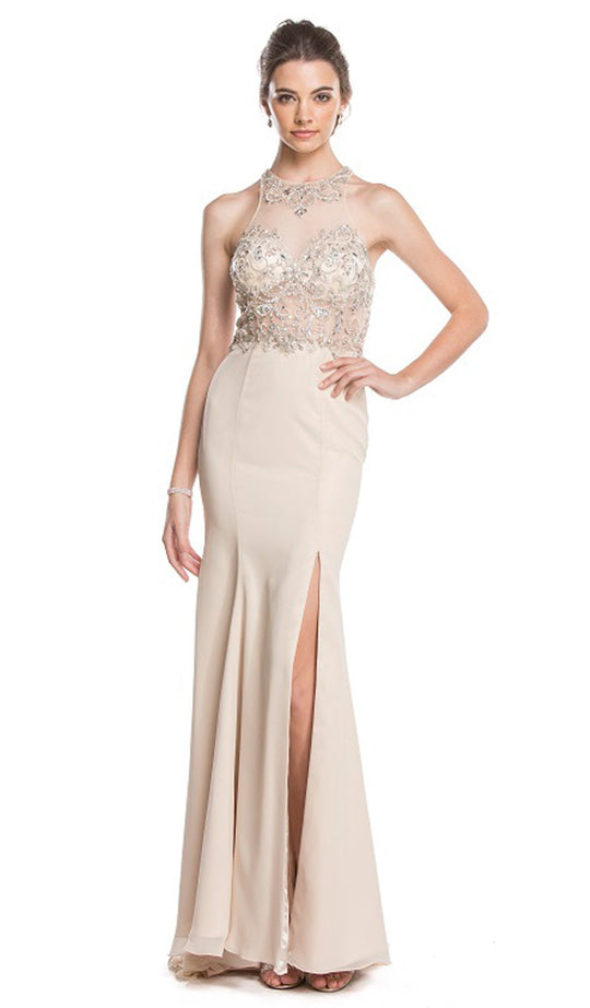 Crystal Embellished Evening Dress with Slit in Neutral