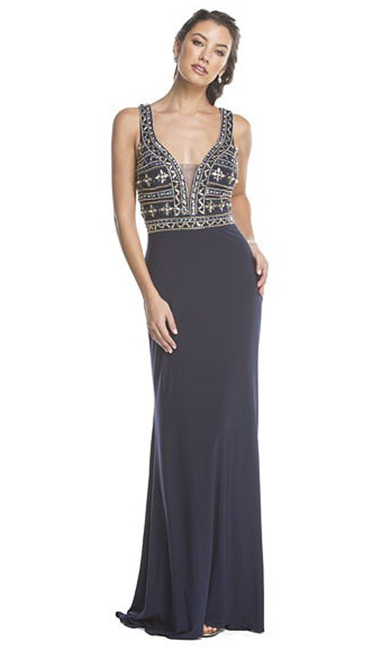 Plunging Embellished Sheath Evening Gown