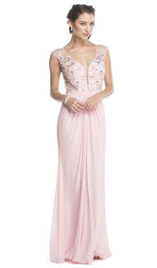 Beaded Plunging Sheath Evening Dress