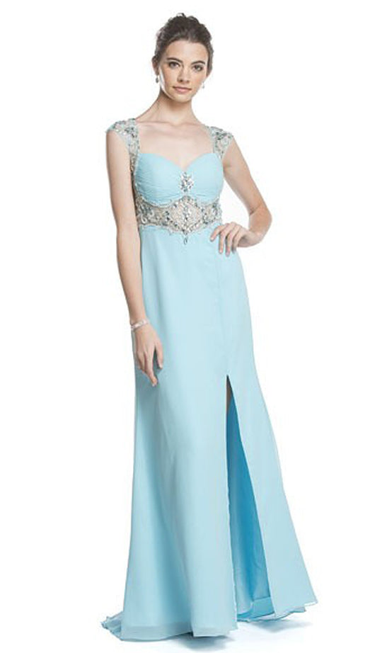 Sheer Embellished Evening Gown with Slit