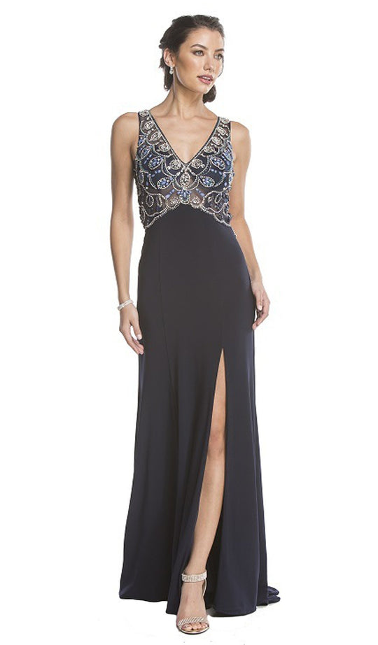 Beaded V-Neck Evening Gown with Slit