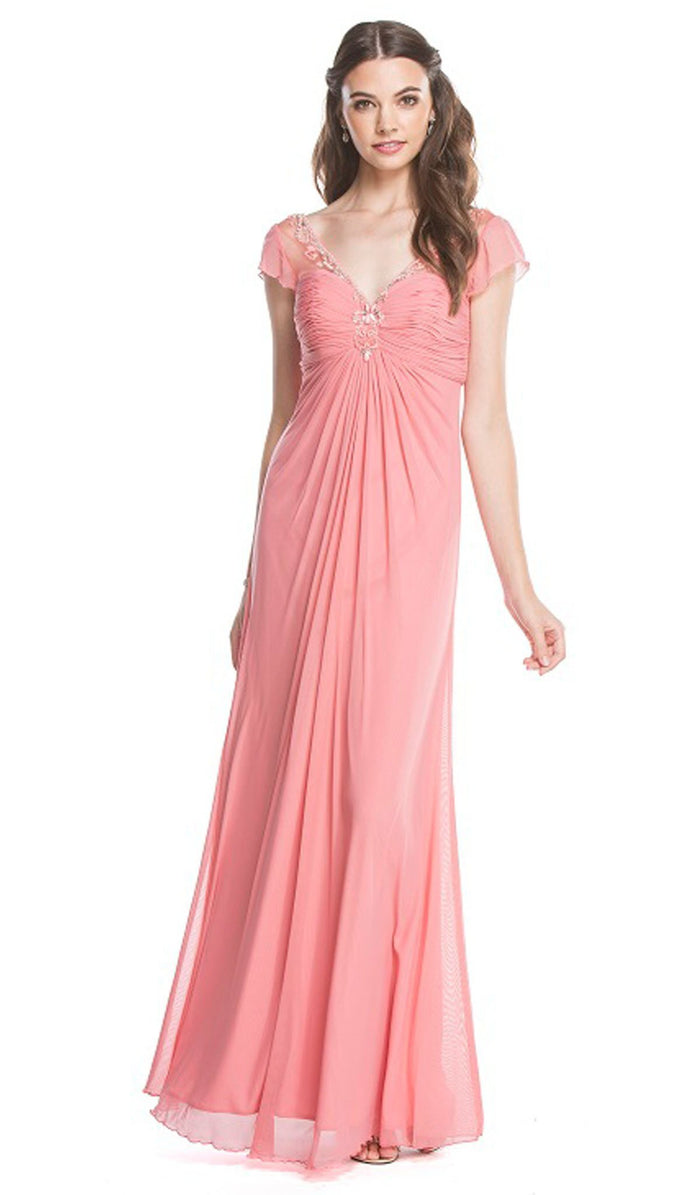 Embellished Ruched V-neck Sheath Evening Dress