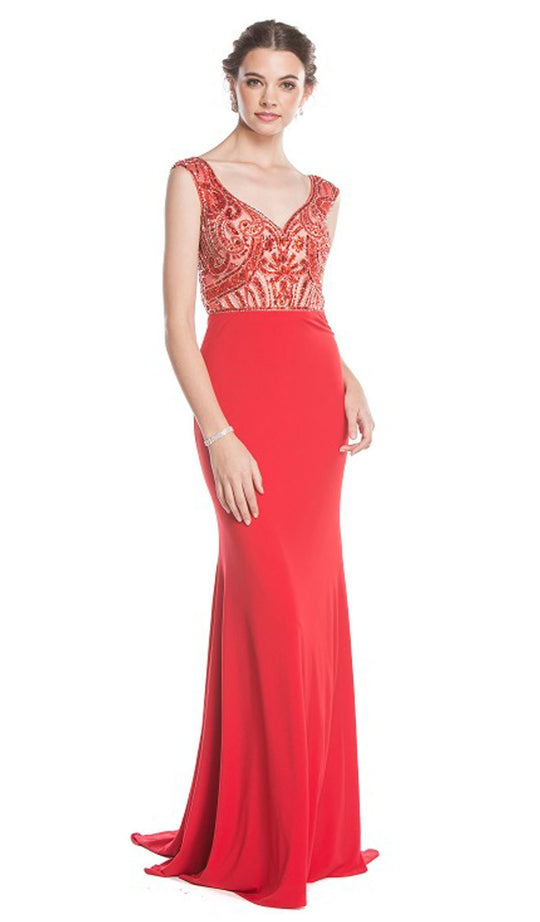 Embroidered Wide V-neck Sheath Evening Dress