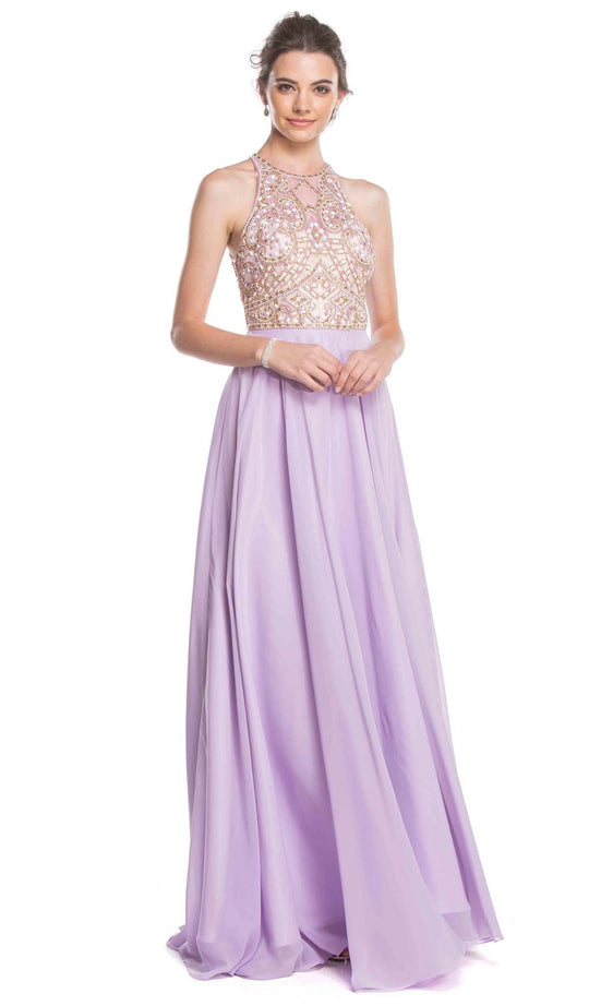 Jeweled Illusion Halter A-line Prom Dress