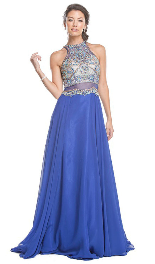 Embellished Illusion Halter A-line Prom Dress
