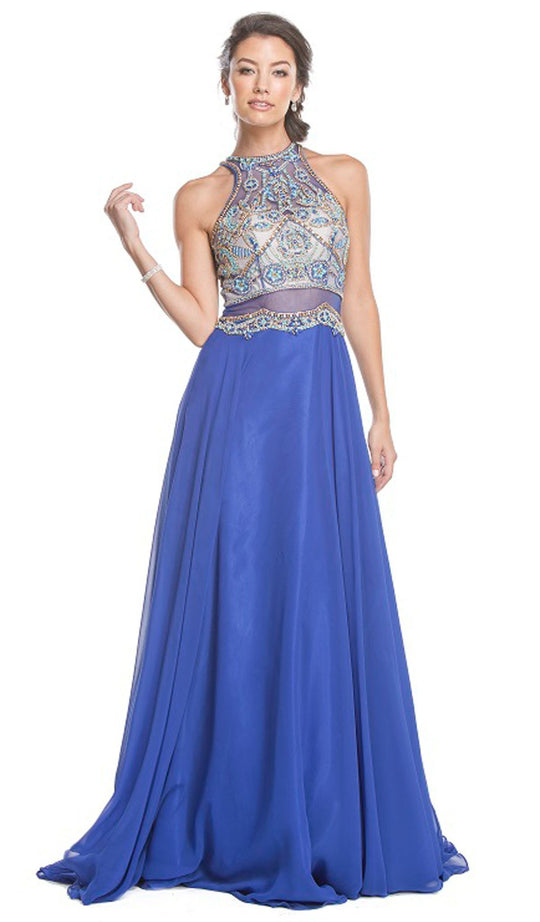 Embellished Illusion Halter A-line Prom Dress