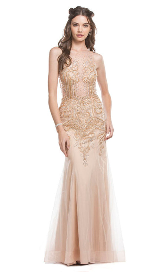 Bedazzled Illusion Bateau Sheath Evening Dress