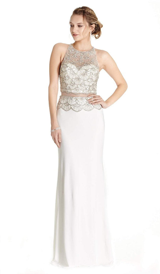 Mock Two Piece Jeweled Fitted Prom Dress