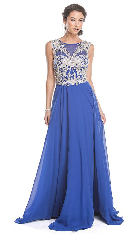 Embellished Sheer Bateau A-line Prom Dress