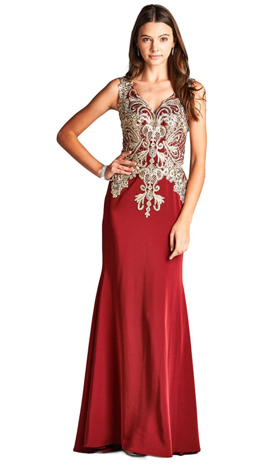 Embroidered V-neck Sheath Evening Dress