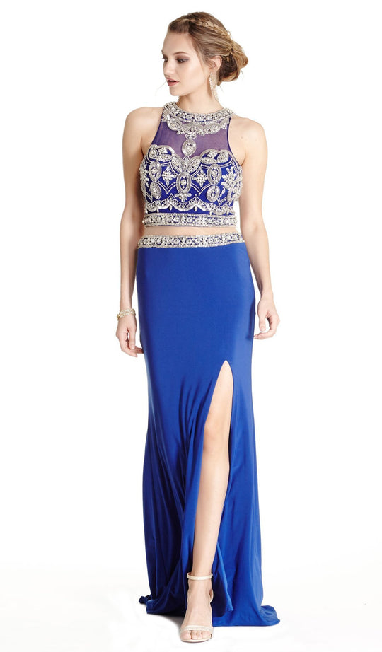 Two Piece Embellished Halter Sheath Prom Dress