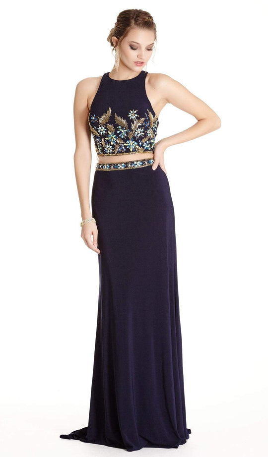 Two Piece Embroidered Halter Sheath Prom Dress