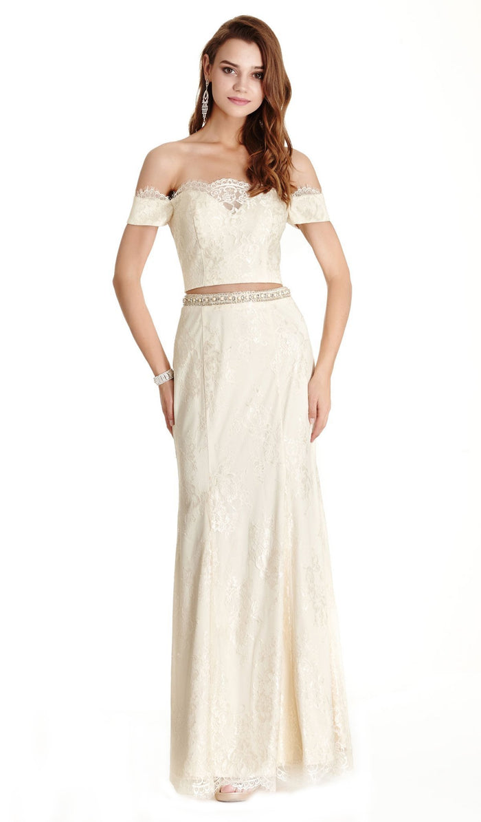 Two Piece Lace Off-Shoulder Sheath Prom Dress