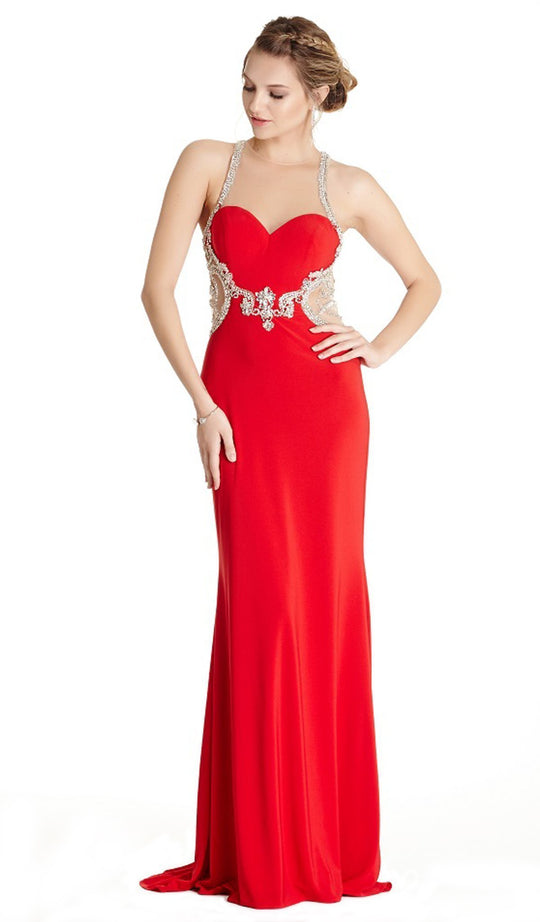 Embellished Illusion Halter Sheath Evening Dress