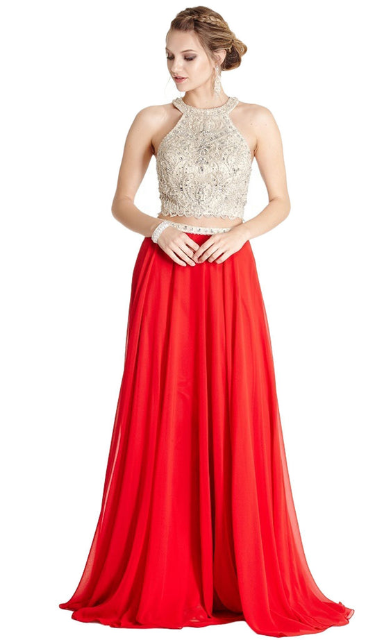 Two Piece Embellished Halter A-line Prom Dress
