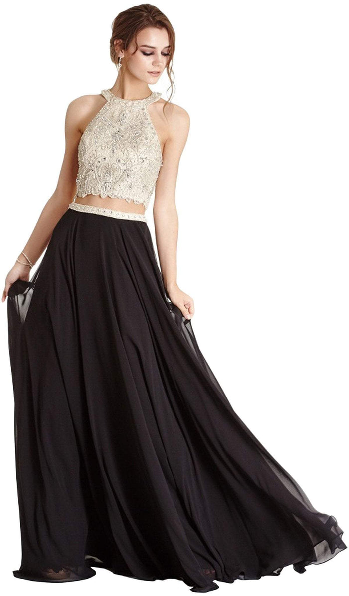 Two Piece Embellished Halter A-line Prom Dress