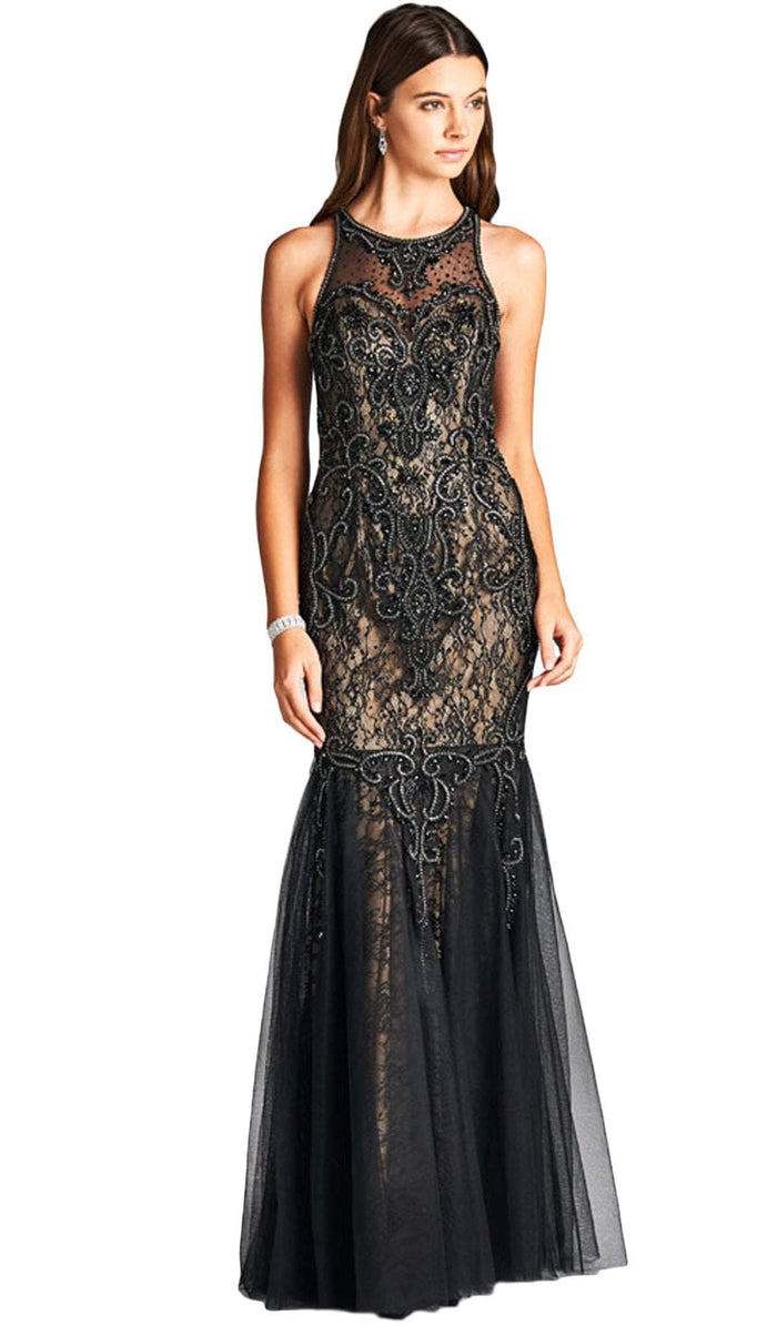 Embellished Illusion Halter Trumpet Prom Dress